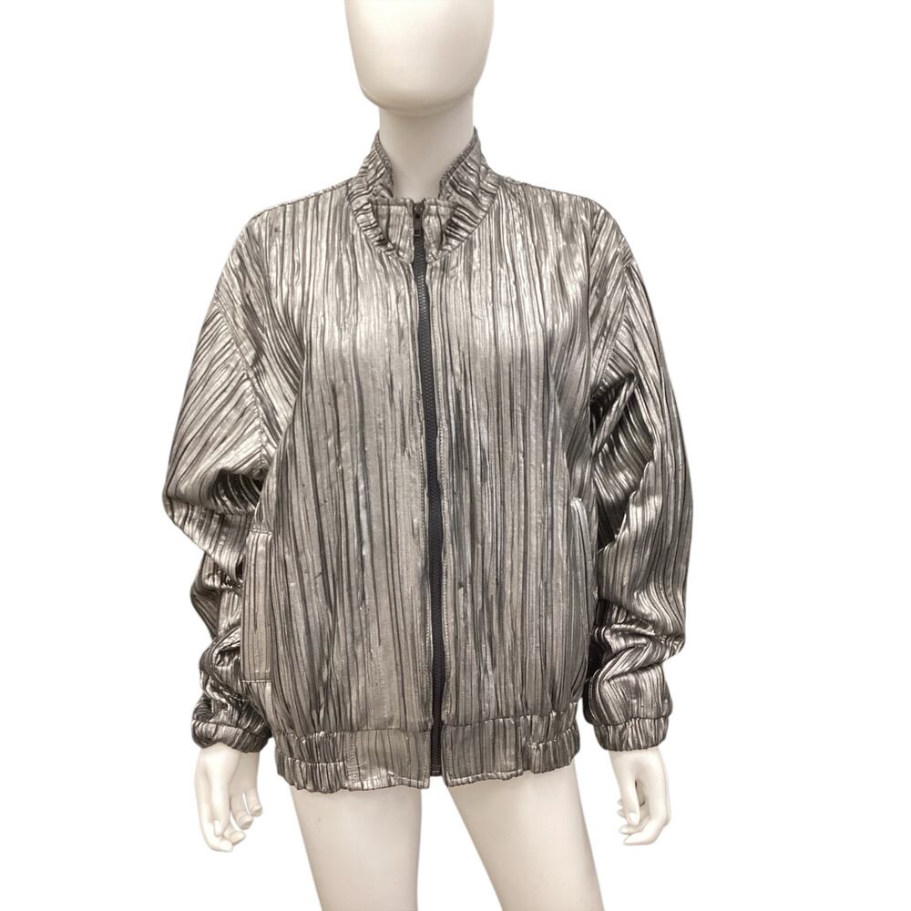 VTG Women’s Festival Jacket One Size Pleated Bomber Style Silver Zipper Pockets